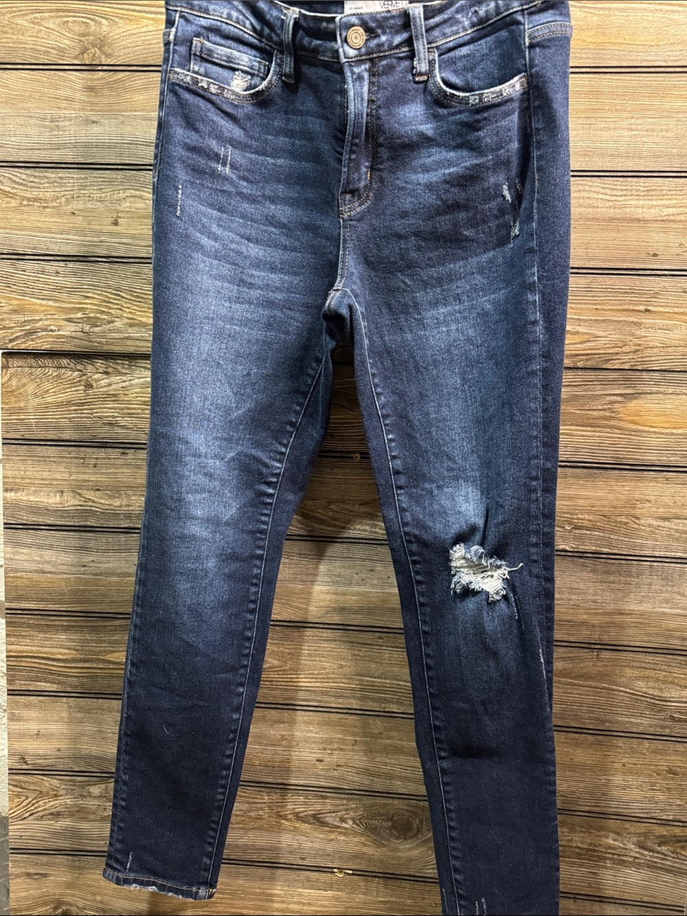VERVET BY FLYING MONKEY Dark Wash Skinny Jeans with Distressed Knee